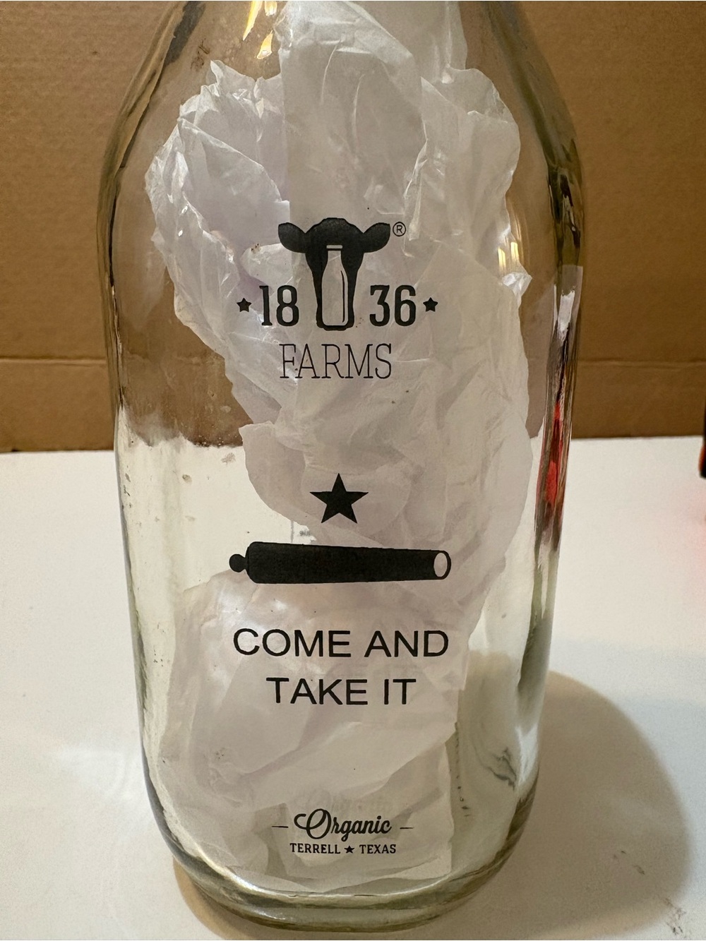 1836 Farms Glass Organic Milk Bottle, Come and Take It Cannon, Terrell, Texas